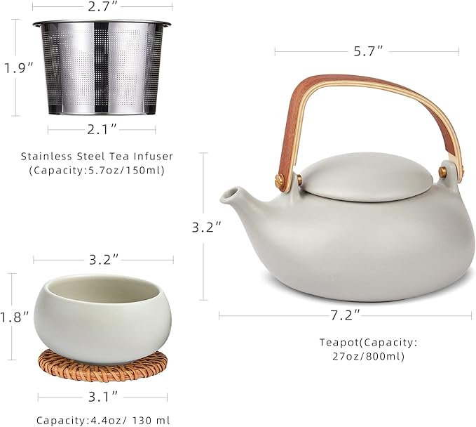 ZENS Vintage Japanese Tea Set, 27oz Ceramic Japanese Teapot with Infuser, Wood Handle Matte Gray Teapot with Strainers and 4 Cups for Tea Party, Women's Gift