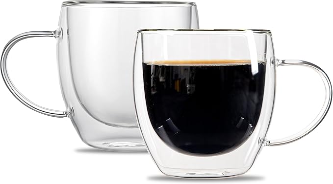 Restaurantware-Forma Professional 8.5 Ounce Glass Coffee Cups, 12 Insulated Coffee Cups With Handle - Dishwashable, Reusable, Clear Double Wall Beverage Tumblers, Freezable, For Hot Or Cold Beverages