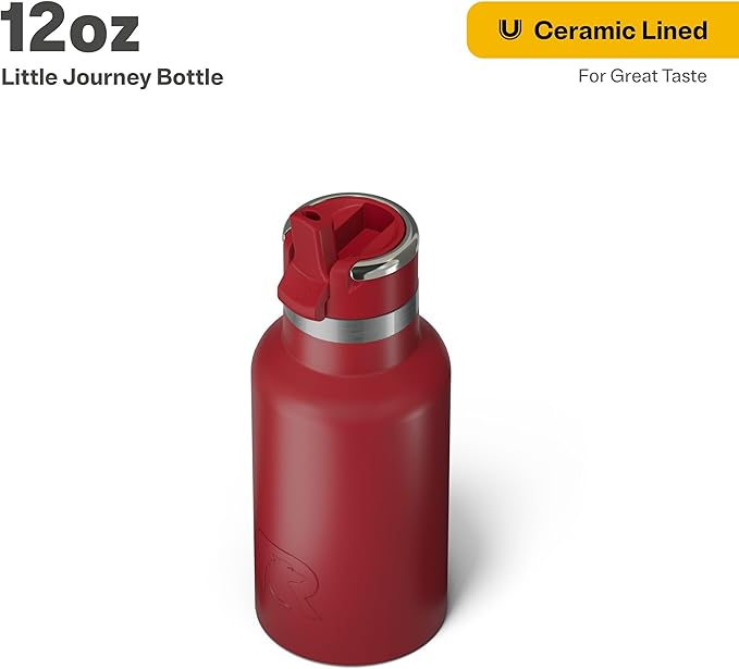 RTIC Little Journey Bottle with Straw, Insulated, Stainless Steel, Metal, Double Wall Vacuum-Insulation, Ceramic-Lined, Leak-Proof Lid, BPA-Free Water Flask for Sports, Travel, Flag Red