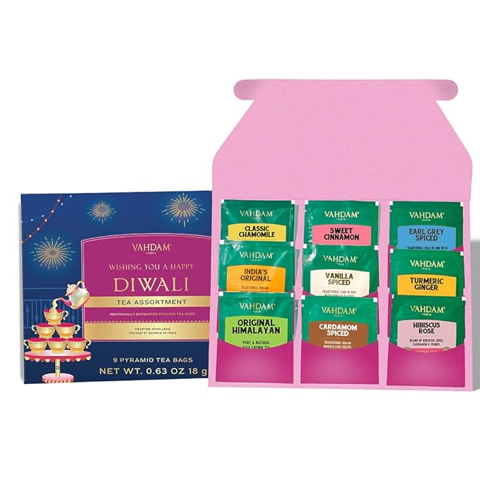 VAHDAM, Limited Edition - Happy Diwali Gift Basket | 9 Delicious Variety Pyramid Tea Bags | Perfect Diwali Gifts for Friends and Family I Perfect Diwali Offering for Guests