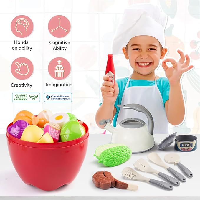 100Pcs Kitchen Playset, Kids Pretend Cooking Play Pots, Pans, Utensils, Cookware, Toy Food Fruits Veggies, with 2 Large Apple - Shaped Storage, Toddler Cooking Learning Gift (White)