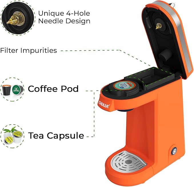 CHULUX Single Serve Coffee Maker for K Capsule, Mini Coffee Maker for One Cup Americano, Lightweight Pod Coffee Machine, Orange