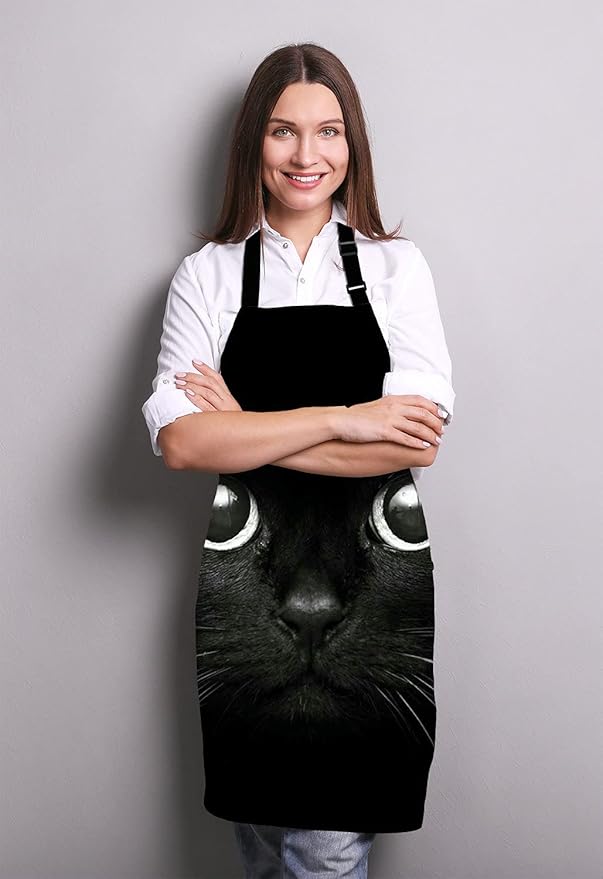 Black Cat Face Kitchen Cooking BBQ Chef Apron,Funny Apron for Men, Women - Dad Presents, Presents for Men - Birthday, Mothers Day Presents for Mom, Wife, Husband, Brother, Friends