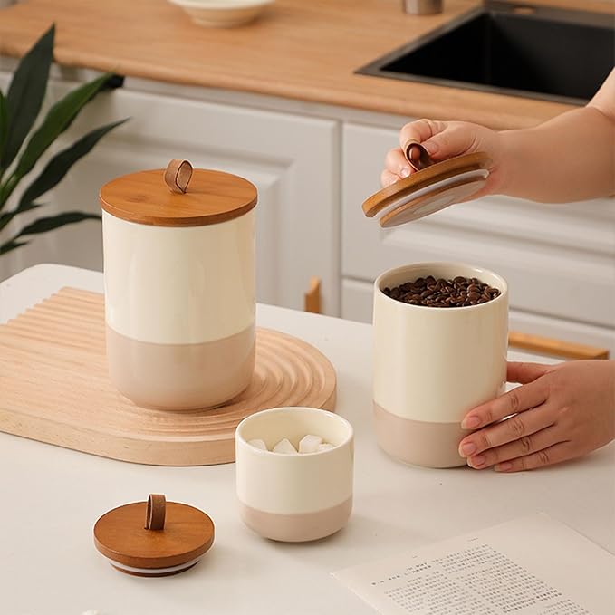 Coffee Canister, Ceramic Food Storage Jars with Lids Salt Matcha Container Brown Sugar Container Bowl for Kitchen Tea, Coffee Beans, Spice (#001Khaki-27oz/800ml)