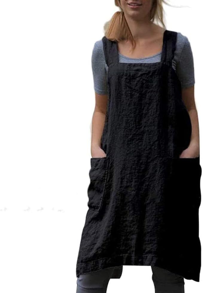 YESDOOD Cotton Linen Apron Cross Back Apron for Women with Pockets Pinafore Dress for Baking Cooking