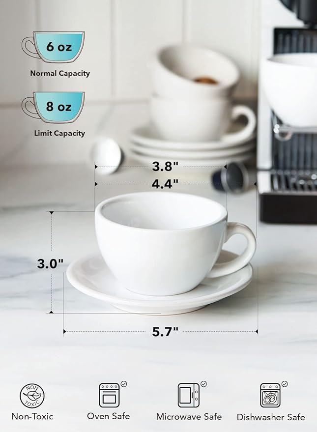 LE TAUCI 6 oz Cappuccino Cups with Saucers, Ceramic Coffee Cup for Au Lait, Double shot, Latte, Cafe Mocha, Tea - Set of 4, White