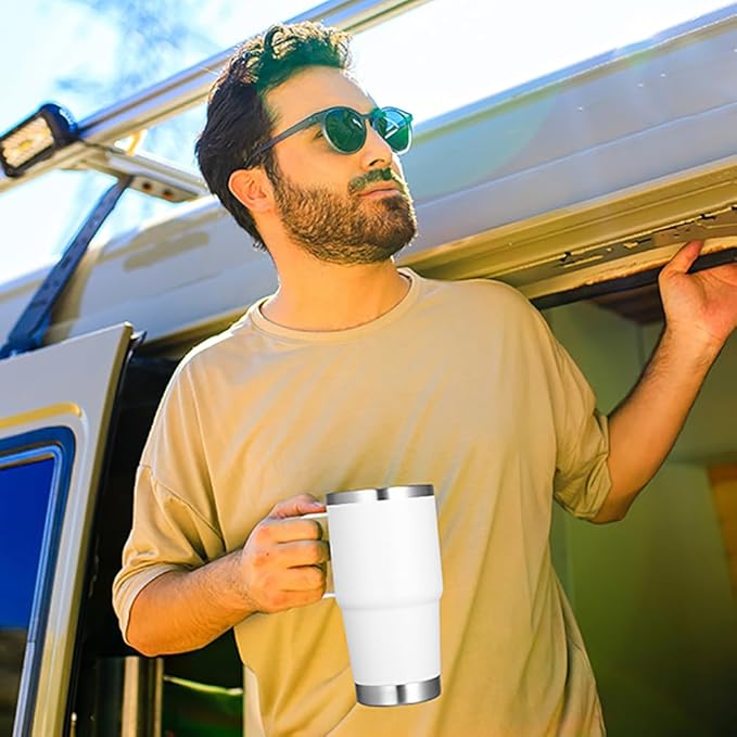 VEGOND 20 oz Tumbler Bulk with Handle Lid and Straw, Stainless Steel Insulated Travel Coffee Mug Set, Spill Proof Double Wall Metal Tumblers Cups, White 6 Pack