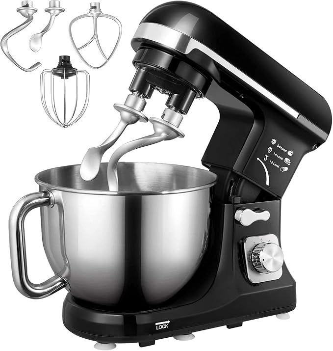 Stand Mixer Fohere, with Double Dough Hook, Wire Whip & Beater, 6+ P Speed Tilt-Head Food Mixer, Pouring Shield for Home Cooking, Dishwasher Safe Stainless Steel Bowl with Handle (Black)