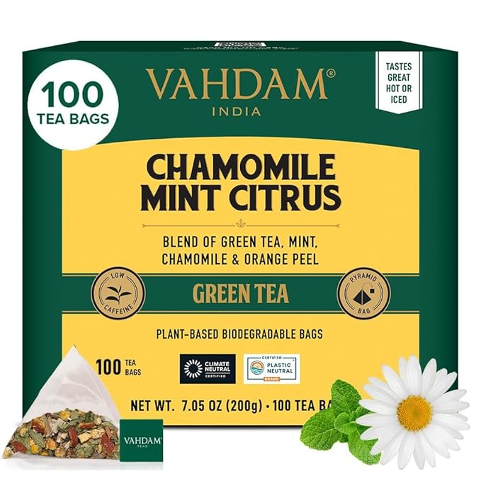 VAHDAM, Chamomile Mint Citrus Green Tea Bags (100 Count) Low Caffeine, Non GMO, Gluten Free | Sweet & Floral | Resealable Ziplock Pouch | Chamomile Tea Bags