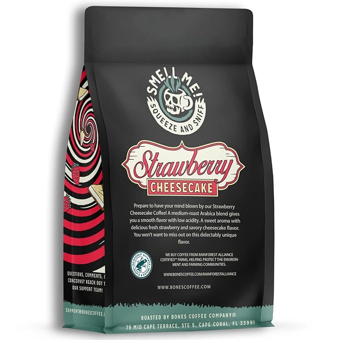 Bones Coffee Company Strawberry Cheesecake Flavored Coffee, Medium Roast Low Acid Arabica Beans Compatible with Auto drip and French Press Coffee Maker, 12 Oz Whole Bean