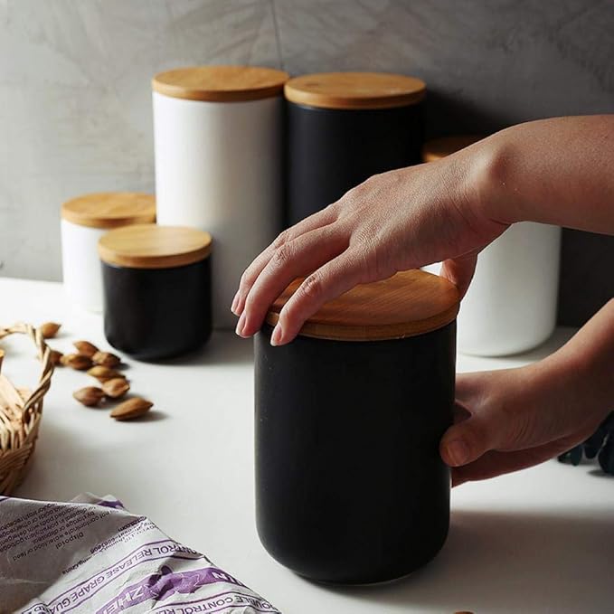 MilkyWay Food Storage Jar Strong Ceramic Storage Canisters with Airtight Seal Bamboo Lid Modern Design Seal Damp-Proof Kitchen Jar for Coffee, Tea, Spice and More (White(M: 27oz/800ml))