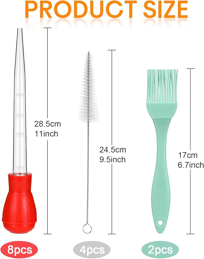 Boao 14 Pcs Heat-resistant Turkey Baster Cooking Set Includes 8 Pcs 11 Inch Turkey Baster, 2 Silicone Basting Brush, 4 Cleaning Brush for Thanksgiving Cooking, BBQ Grill, Baking Meat(Bright Color)