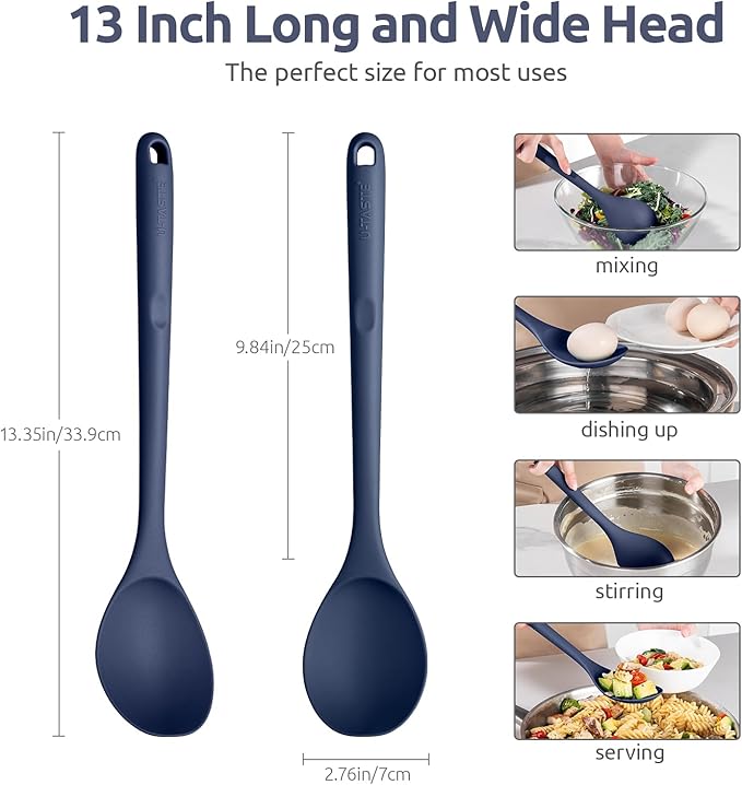 600ºF Heat Resistant Silicone Spoon: U-Taste 13.3in Solid Kitchen Cooking Spoon, Nonstick Food Grade Large Soup Rubber Utensil for Mixing, Serving, Stirring, Basting, for Pot Cookware (Midnight Blue)