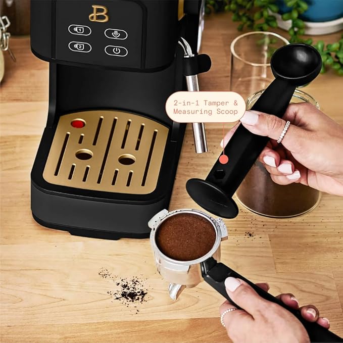 Beautiful Slim Espresso Maker by Drew Barrymore – 20‑Bar Pressure, Dual‑Spout 52 mm Portafilter, 50 oz Removable Tank, 2‑in‑1 Steam Wand & Touch Controls (Black Sesame)