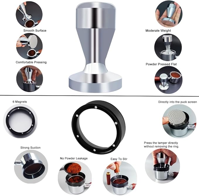 51mm Espresso Tamper Set, 5PCS Coffee Tamper Kit with WDT Tool, Coffee Stirrer, Dosing Funnel, Puck Screen 51mm Espresso Accessories Tampers Kit (Silver)