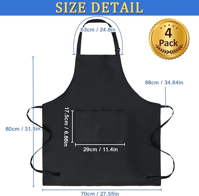 4 Pack Chef Apron, Adjustable Apron with 2 Pockets, Unisex Personalised Apron for Cooking, Kitchen, Restaurant