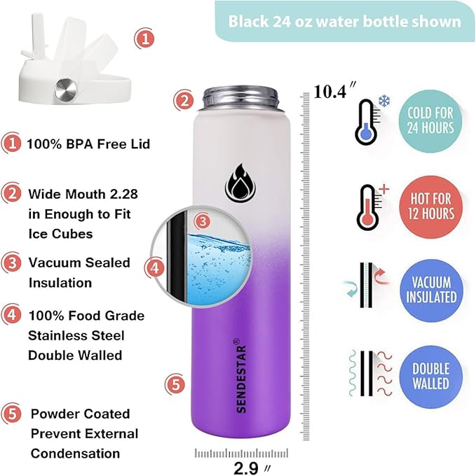 SENDESTAR Stainless Steel Wide Mouth Water Bottle 24oz Double Wall Vacuum Insulated Leak Proof Bottle with New Flex Straw Lid & Spout Lid
