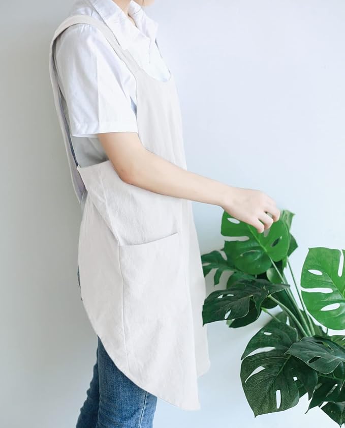 NEWGEM Japanese Linen Cross Back Cooking Aprons for Women Men with Pockets Cute for Baking Kitchen
