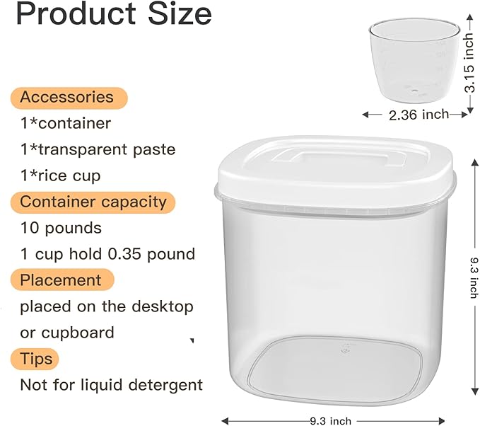 Rice Dispenser,10 Lbs Rice Container Storage with Measuring Cup Food Cereal Container Bins Household for Kitchen Pantry Organization