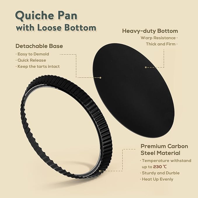 Sturdy Nonstick Tart Pan 11 inch Removable Bottom, Round Carbon Steel Quiche Pan for Baking, Heavy Duty Tart Mold loose for Pie, Mousse Cakes,Fruit and Desserts
