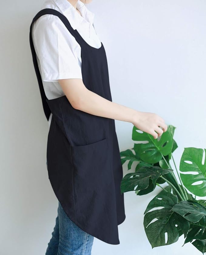 NEWGEM Japanese Linen Cross Back Cooking Aprons for Women Men with Pockets Cute for Baking Kitchen