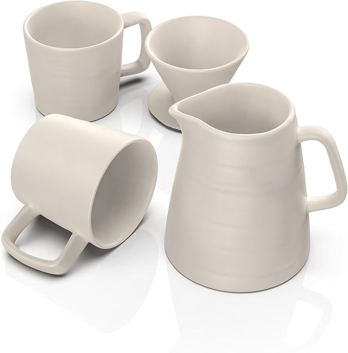 Pour Over Drip Coffee Maker Gift Set with Two Coffee Mugs, Non-Electric Pour Over Coffee Dripper, Easy Manual Brew Maker, Dishwasher and Microwave Safe, Filters not included (Ivory)