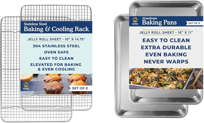 Ultra Cuisine Stainless Steel Jelly Roll Sheet Cooling Rack Set & Aluminum Baking Pan Set - Professional Quality, Fits Jelly Roll Sheet Pans - Cookie Sheet for Baking - 10"x14.75" Rack, 16"x11" Pan