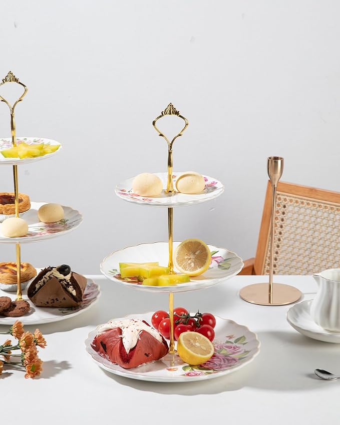 Sweejar 3 Tier Ceramic Cake Stand Wedding, Dessert Cupcake Stand for Tea Party Serving Platter (Fresh Flower)