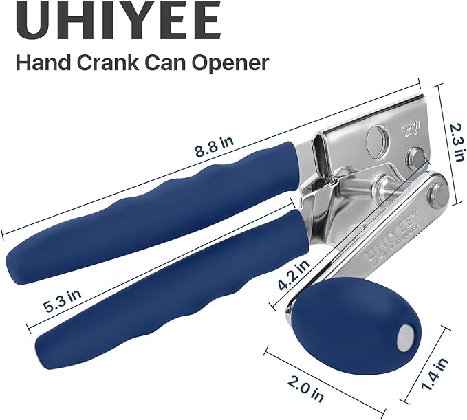Commercial Can Opener, UHIYEE Hand Crank Can Opener Manual Heavy Duty with Comfortable Extra-long Handles, Oversized Knob, Large Handheld Can Open Easy for Big Cans, Blue