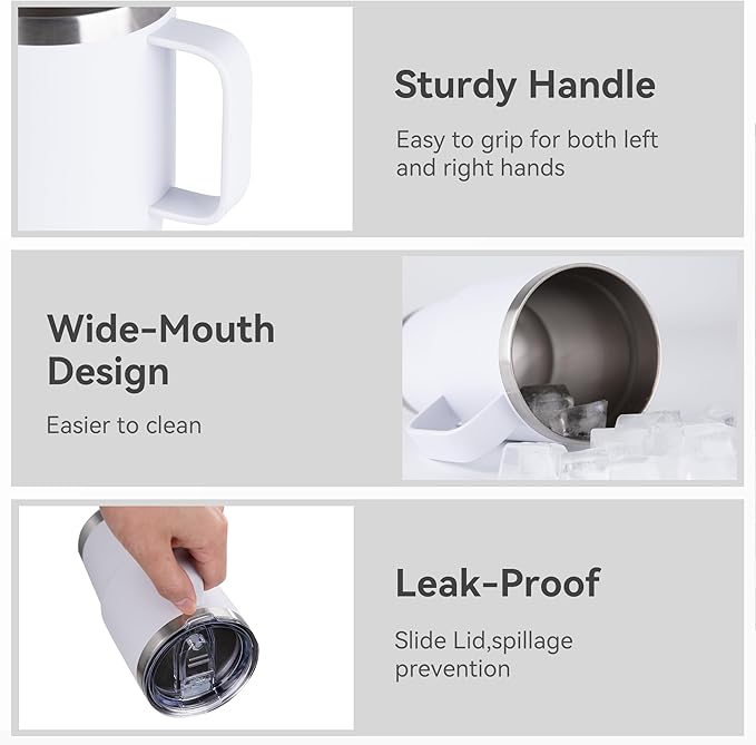HASLE OUTFITTERS 20oz Tumbler with Handle, Stainless Steel Tumbler with Lid Metal Insulated Travel Coffee Mug Double Wall Vacuum Spill Proof Reusable Coffee Cup, White 1 Pack