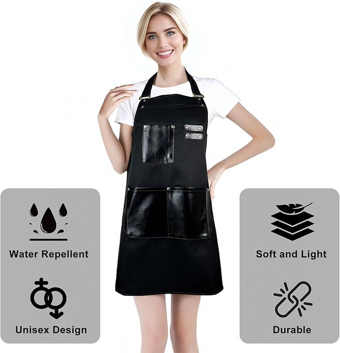 Barista Waitress Chef Cooking Aprons Waterproof Canvas Hair Stylists Apron with 3 Pockets for Women