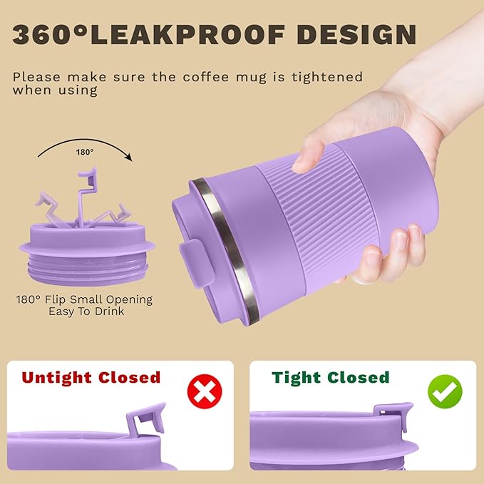 Vacuum-Insulated Stainless Steel Travel Coffee Mug, Leak-Proof Reusable Coffee Cup with Lid - Keep Hot & Cold Drinks for Hours, Durable Thermos Tumbler for Men & Women (3rd-Purple, 12OZ)