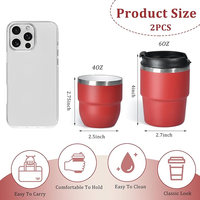 6oz Espresso Cups, Insulated Espresso Cups Set of 2, Expresso Shots Cup, Stainless Steel Shot Glasses for Coffee, Portable Espresso Travel Mug for Camping