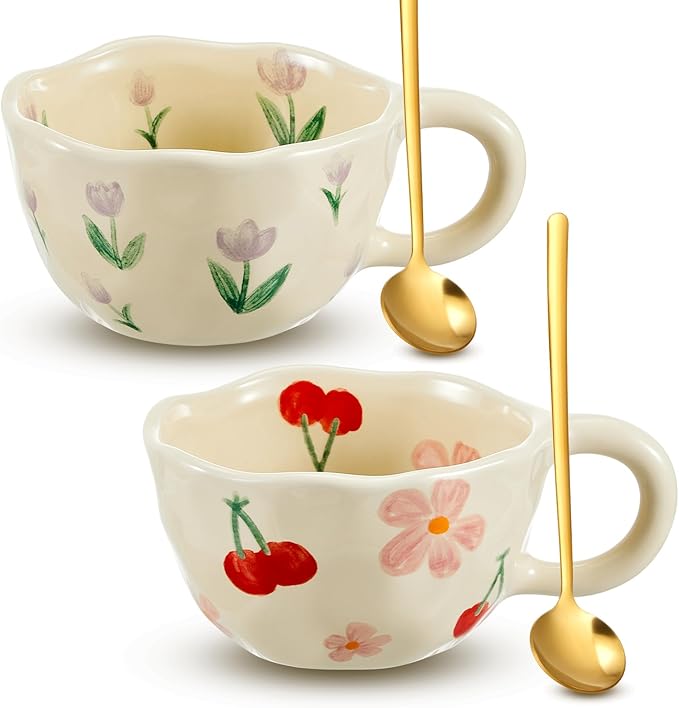 Vesici 2 Pcs Ceramic Coffee Mugs Flower Cups with Spoon Vintage Floral Mugs with Handle 8.5 oz Aesthetic Tea Porcelain Cup Gift for Valentine Office Home, Dishwasher and Microwave Safe(Cute)