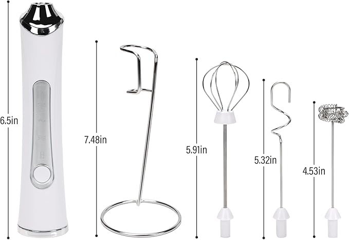 Rechargeable Milk Frother with Stand - 3 Speed Adjustable Electric Whisk, 3 Detachable Stainless Steel Heads for Latte, Cappuccino, Matcha, Egg (White)