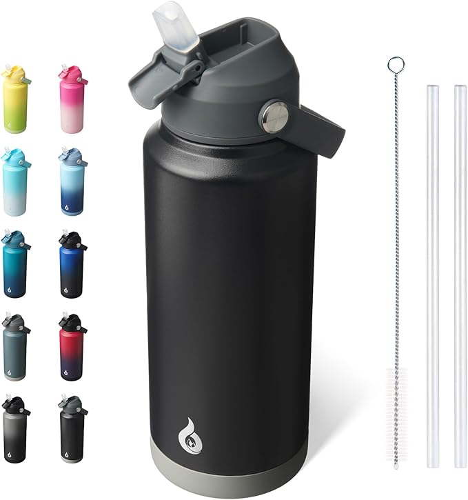 BJPKPK Water Bottle with Straw Lid, 32oz Vacuum Insulated Water Bottles, Metal Stainless Steel Thermos for Sports, Travel, BPA Free Leak Proof Thermos, Cups, Flasks, Tumblers,Black