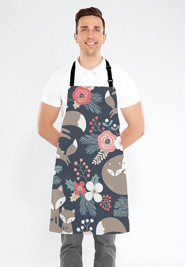 Cute Fox Family and Flowers Bib Apron with Adjustable Neck for Men Women,Suitable for Home Kitchen Cooking Waitress Chef Grill Bistro Baking Apron