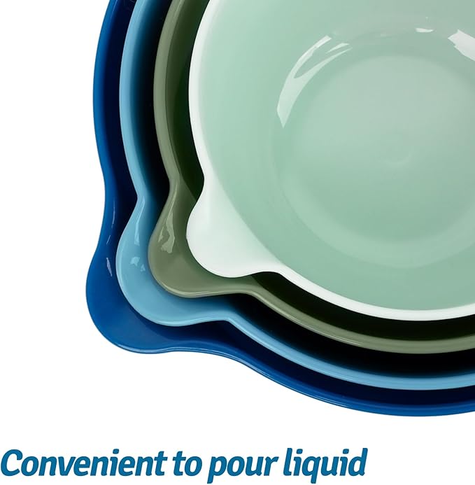 BoxedHome 4 Pack Nesting Mixing Bowl with Pour Spout and Handle, BPA free Microwave & Dishwasher Safe(Green/Blue, 4 Pack with Handle)