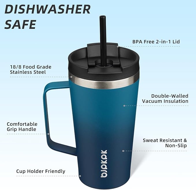 BJPKPK Insulated Tumbler with Handle, 18oz Insulated Tumblers with Lid and Straw, Stainless Steel Metal Water Bottles, Coffee Travel Mugs, Cups, Sea