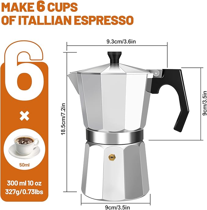 6 Cup Aluminum Espresso Stovetop Moka Pot Express Coffee Maker Percolator Italian Classic Mocha Coffee Machine for Italian and Cuban Cafe Brewing for Home & Camping 300ml 10oz