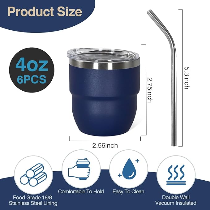 4oz Stackable Cup, Vacuum Insulated Espresso Cup Set of 6, Espresso Shot Cup for Coffee, Double Wall Stainless Steel Mini Tumbler Shot Glasses with Straw and Lid (A-navy6P, 4oz)