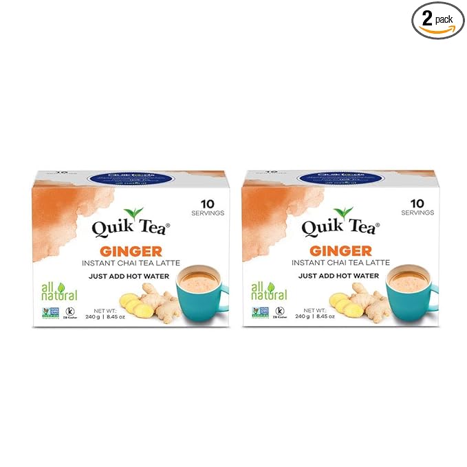 QuikTea Ginger Chai Tea Latte - 20 Count (2 Boxes of 10 Each) - Packaging May Vary - All Natural Preservative Free Authentic Chai from Assam & Darjeeling