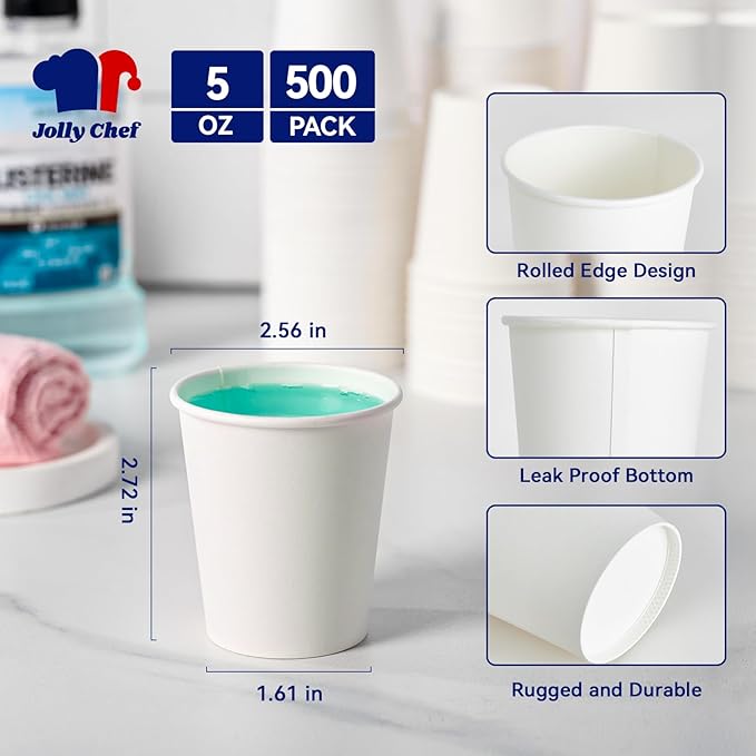 JOLLY CHEF 500 Count 5 oz Paper Cups, Disposable Bathroom Mouthwash White Drinking Cups for Home, Office, School, Store Use