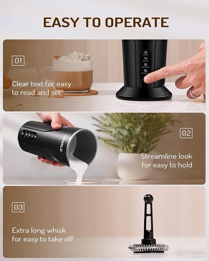 4-in-1 Electric Milk Frother and Steamer, Milk Steamer and Cold Foam Maker, Hot Chocolate Maker, Frother for Coffee, Latte, Macchiato, Cappuccino, BPA Free, Black