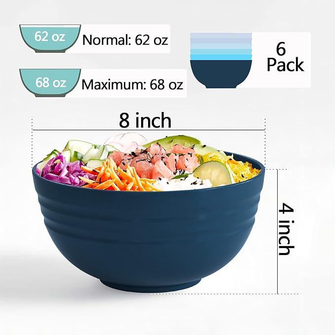 【6 Pcs】Unbreakable Mixing Bowls Unbreakable Salad Bowls, 68 Ounces Microwave and Dishwasher Safe BPA-Free Serving Bowls for Cereal,Salad,Soup,Ramen,Noodle,Oatmeal,Snack Apply to Kitchen,Freezer