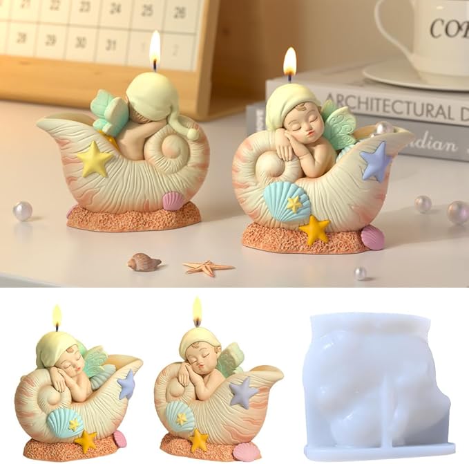 Fantasy Angel Conchs Shell Candle Silicone Mold – Cute Kawaii Seashell Sleeping Fairy Baby Epoxy Resin Mold for Aromatherapy Candle Making, DIY Crafts, Soap, Wax, Clay Desktop Decor