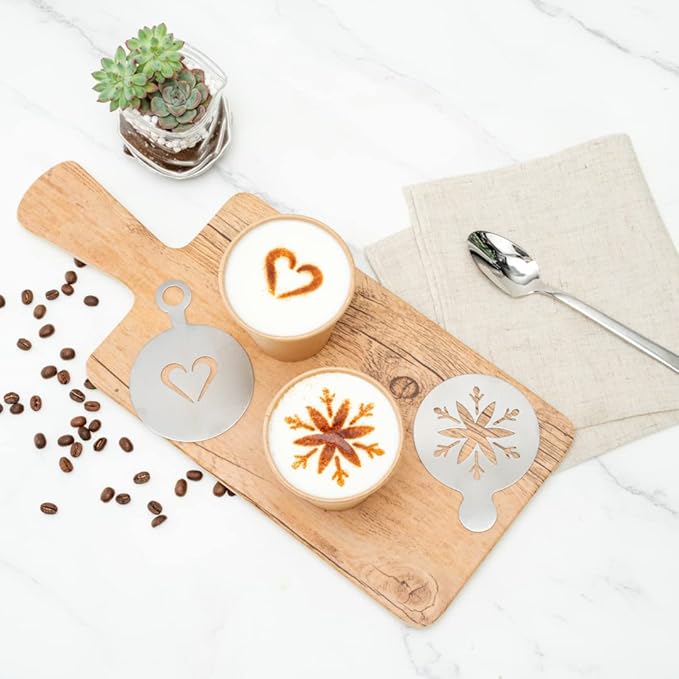 Restaurantware Restpresso 4.75 Inch Latte Stencil Set 8 Heat-Resistant Coffee Stencils - Coffee Art Templates Decorate Cupcakes Cakes or Cookies Stainless Steel Cappuccino Stencil Set