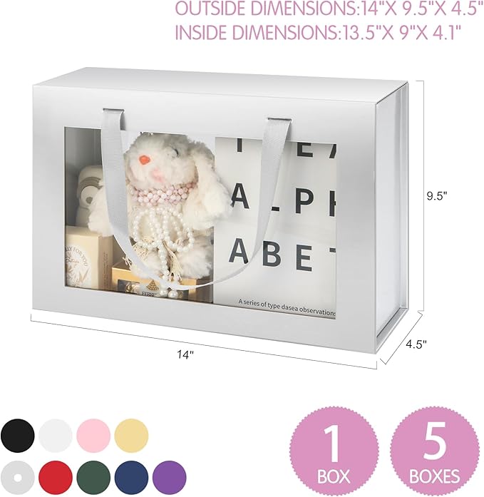 Large Silver Clear Gift Box, 13.5x9x4.1 Inches Gift Box with Window by Handle, Bridesmaid Proposal Box, Collapsible Gift Box with Magnetic Closure (Glossy Silver, 1 Pack)