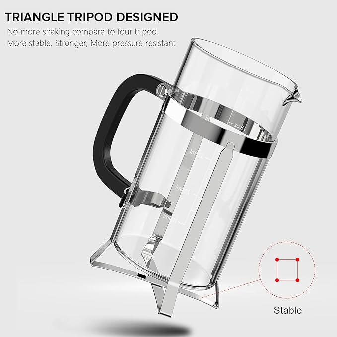 QUQIYSO French Press Coffee Maker 304 Stainless Steel French Press with 4 Filter, Heat Resistant Durable, Easy to Clean, Borosilicate Glass Coffee Press, 100% BPA Free Glass Teapot, 21 ounce, Silver