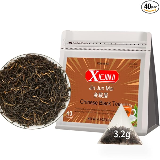 XIEJINJI Golden Monkey Tea - Chinese Black Tea - Jinjunmei - Premium Bud Tea - Eco-Conscious Tea Bags - 3.2g x 40 Count - Repeated Brewing - High Mountain Nature Fruit